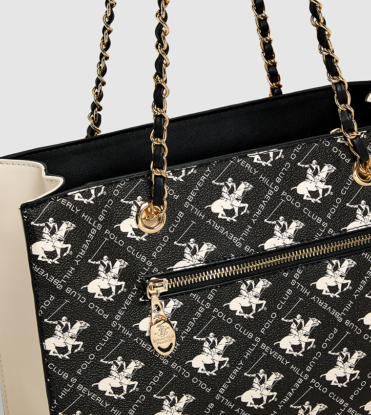 Logo Patterned Zippered Shoulder Bag