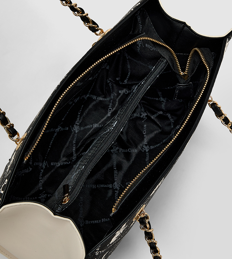 Logo Patterned Zippered Shoulder Bag