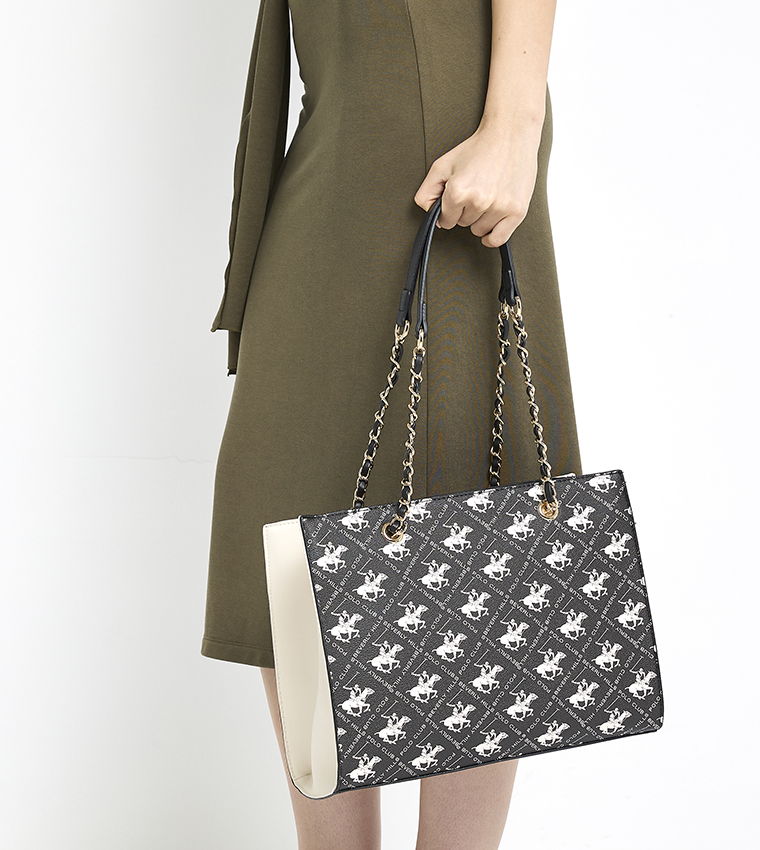 Logo Patterned Zippered Shoulder Bag