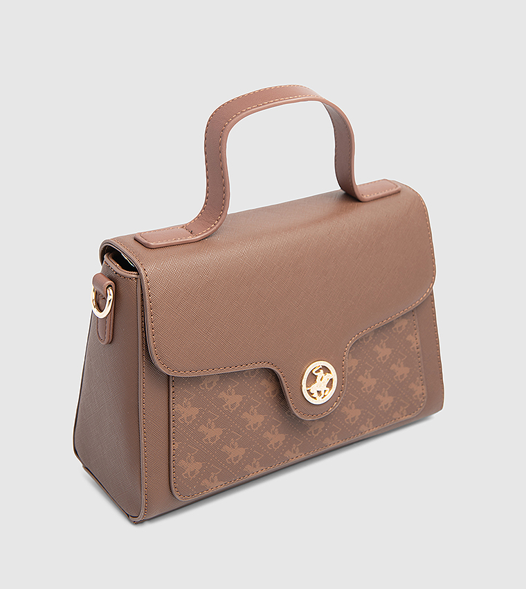Logo Patterned Flap Top Handle Bag