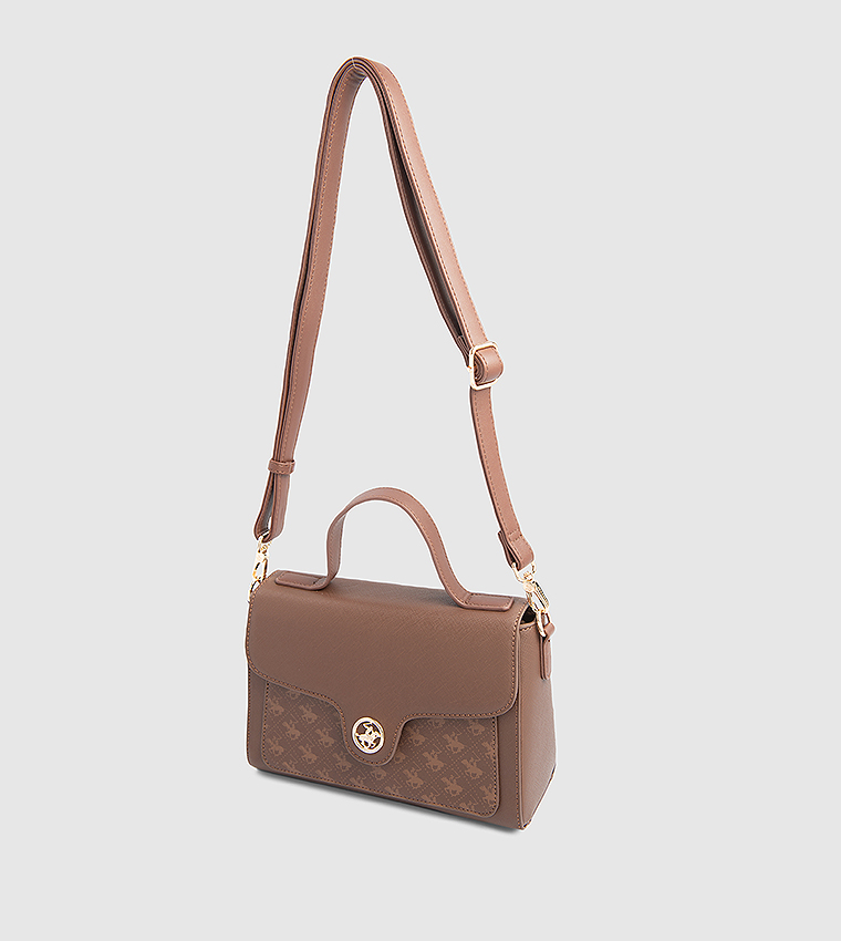Logo Patterned Flap Top Handle Bag