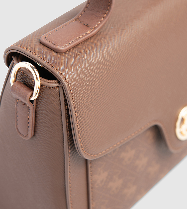 Logo Patterned Flap Top Handle Bag