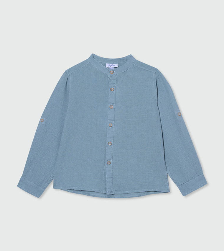 Solid Mandarin Collar Linen Shirt