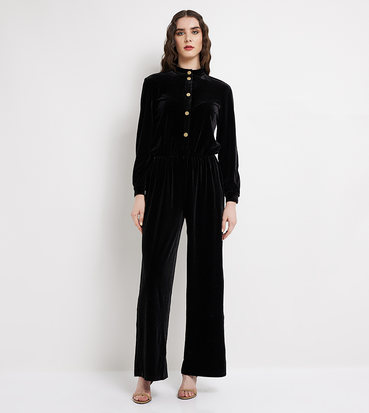 Buy Armani Exchange Button Detail Velvet Jumpsuit In Black