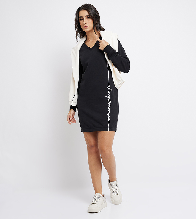 Logo Embroidered V Neck Sweater Dress