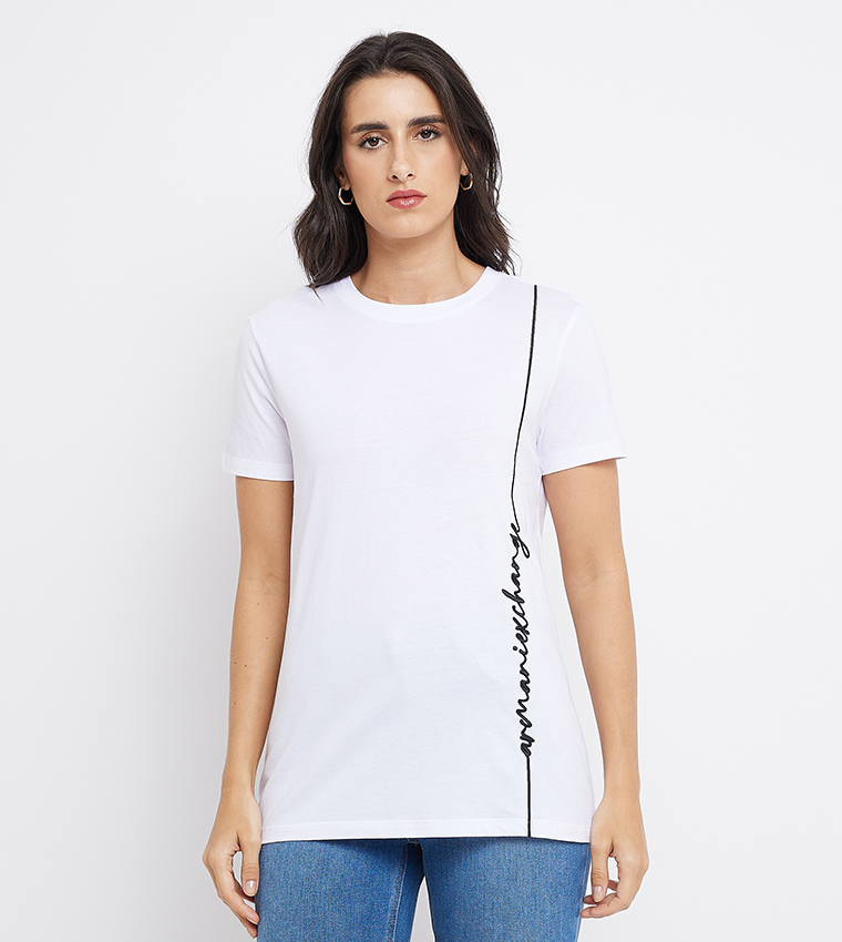 Buy Armani Exchange Logo Embroidered Crew Neck T Shirt In White 6thStreet UAE