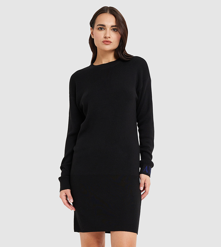 Casual Plain Black Jumper Dress Short Black Sweater Dress Top