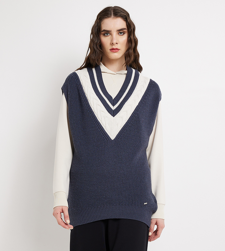 Buy Armani Exchange Cable Knit Oversized Sweater Vest In Navy