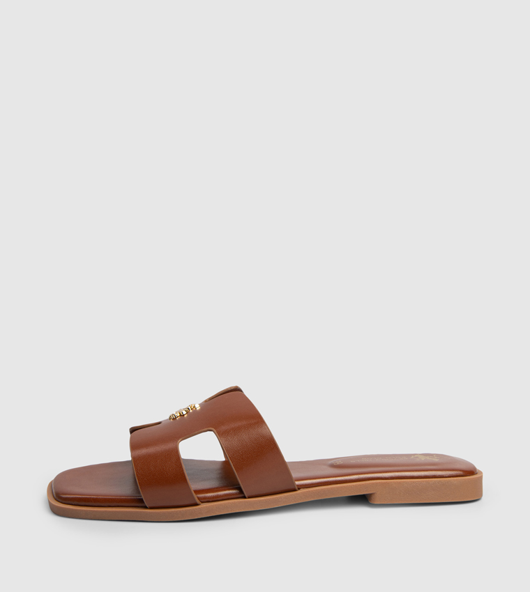 Logo Metal Cut Out Detail Flat Sandals