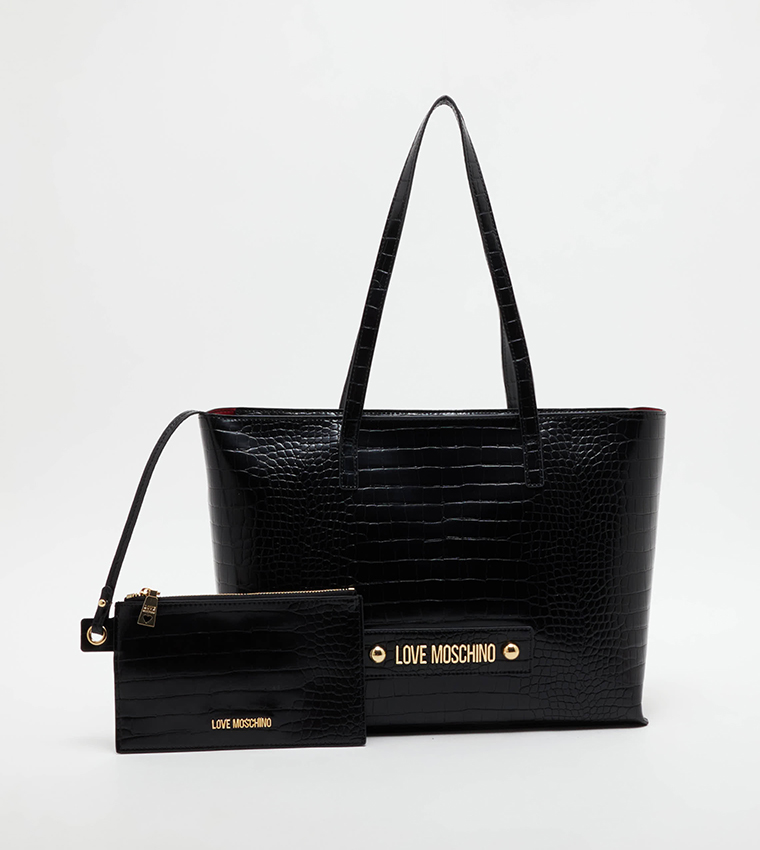 Buy Love Moschino Croc Textured Tote Bag With Pouch In Black