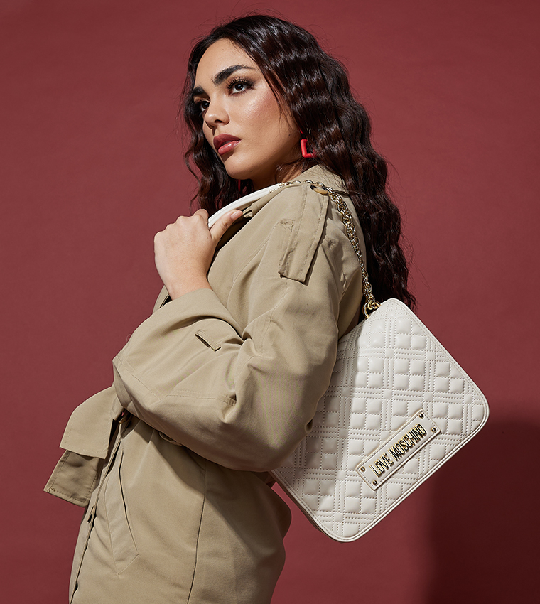Buy Love Moschino Quilted Flap Closure Shoulder Bag In Ivory
