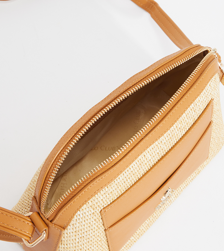 Logo Metal Straw Crossbody Bag