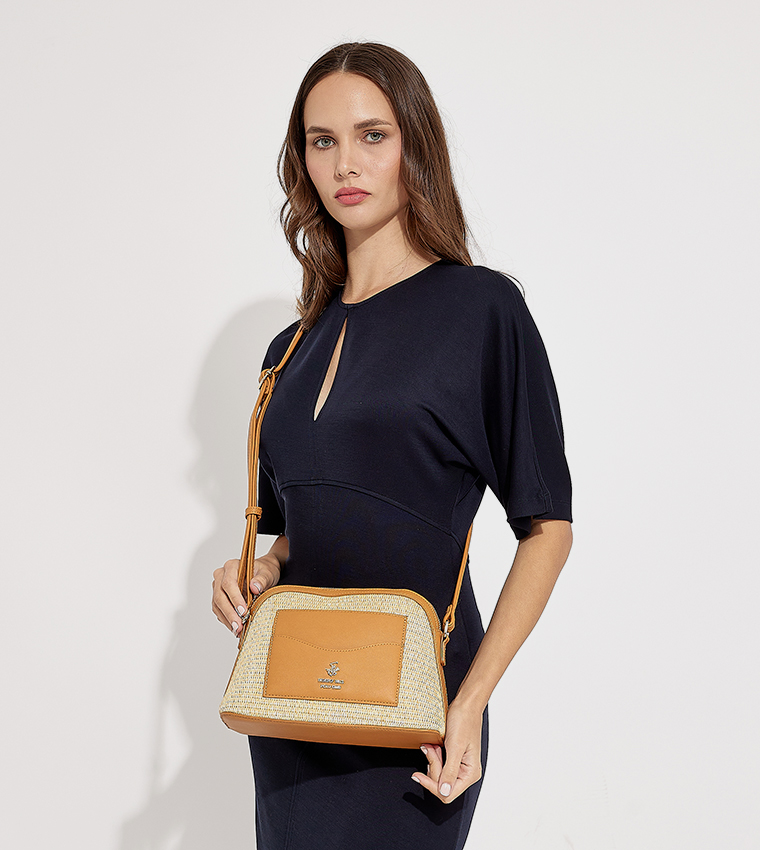 Logo Metal Straw Crossbody Bag