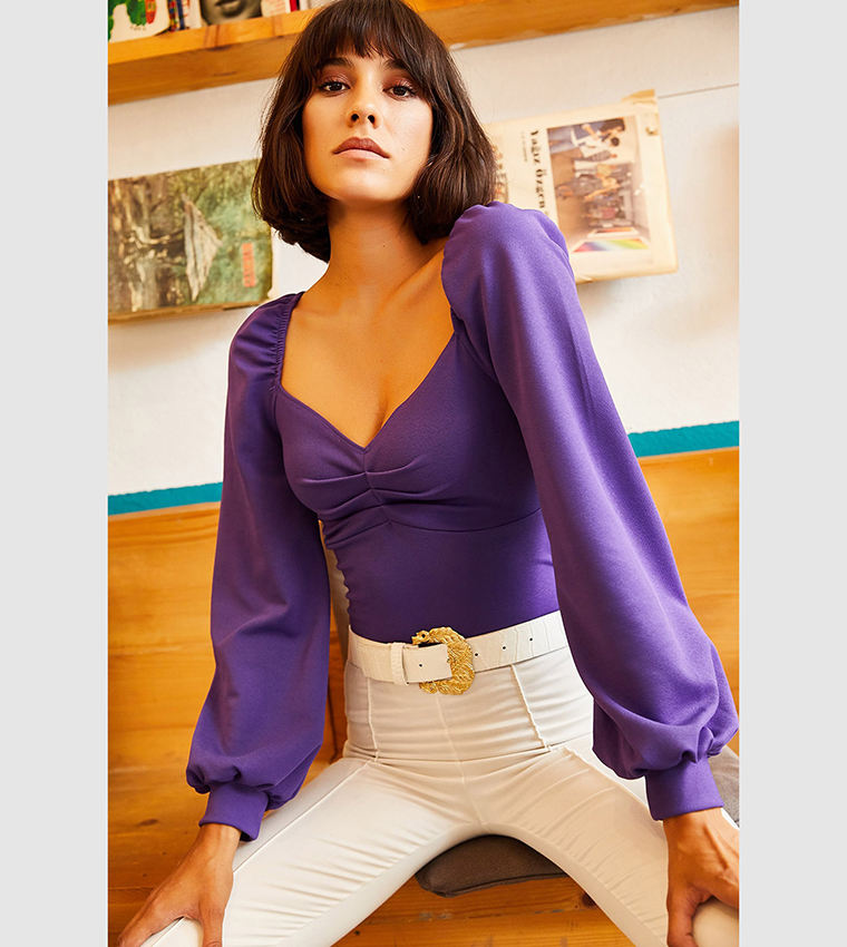 Buy Olalook Solid Pleated Front Balloon Sleeves Top In Purple