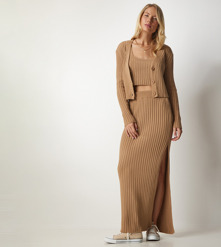Ribbed Skirt And Cardigan Set