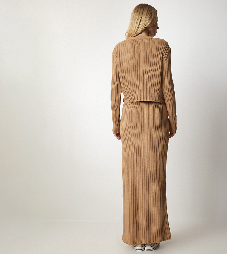 Ribbed Skirt And Cardigan Set