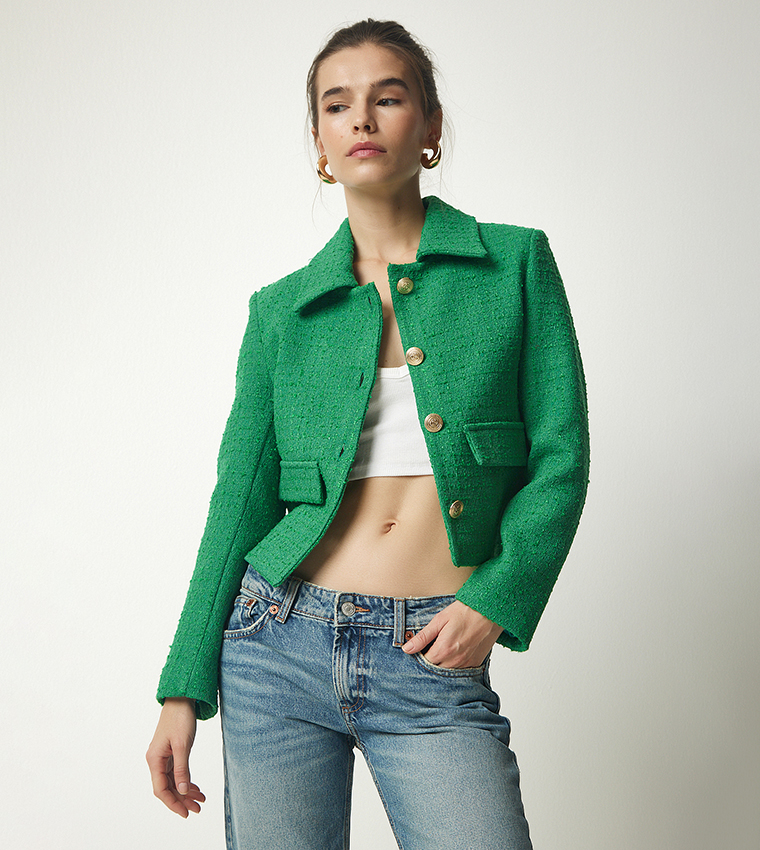 Buy Happiness İstanbul Long Sleeves Tweed Crop Jacket In Green