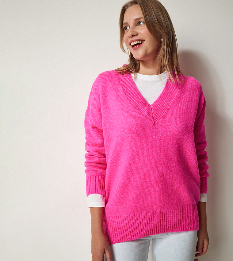 Buy Happiness İstanbul V Neck Oversized Knitted Sweater In Fuchsia