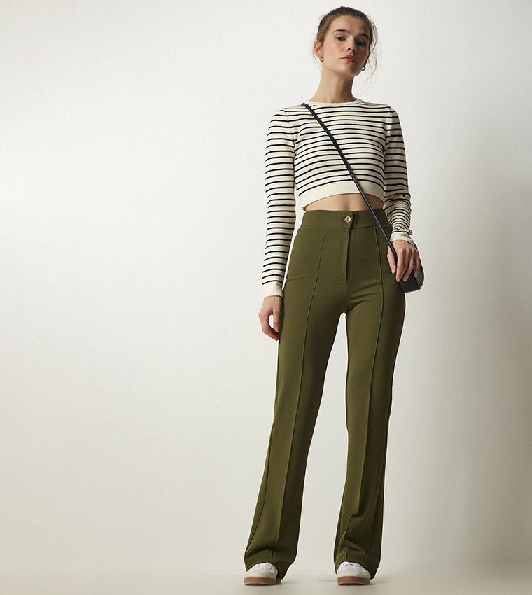 Buy Happiness İstanbul Solid High Rise Button Closure Pants In Khaki