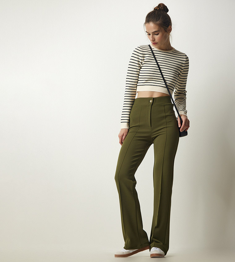 Buy Happiness İstanbul Solid High Rise Button Closure Pants In Khaki | 6thStreet Qatar