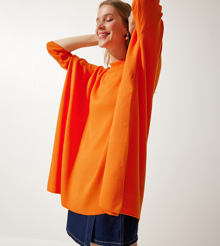 Buy Happiness İstanbul Knitted Long Sleeves Poncho Sweater In Orange ...