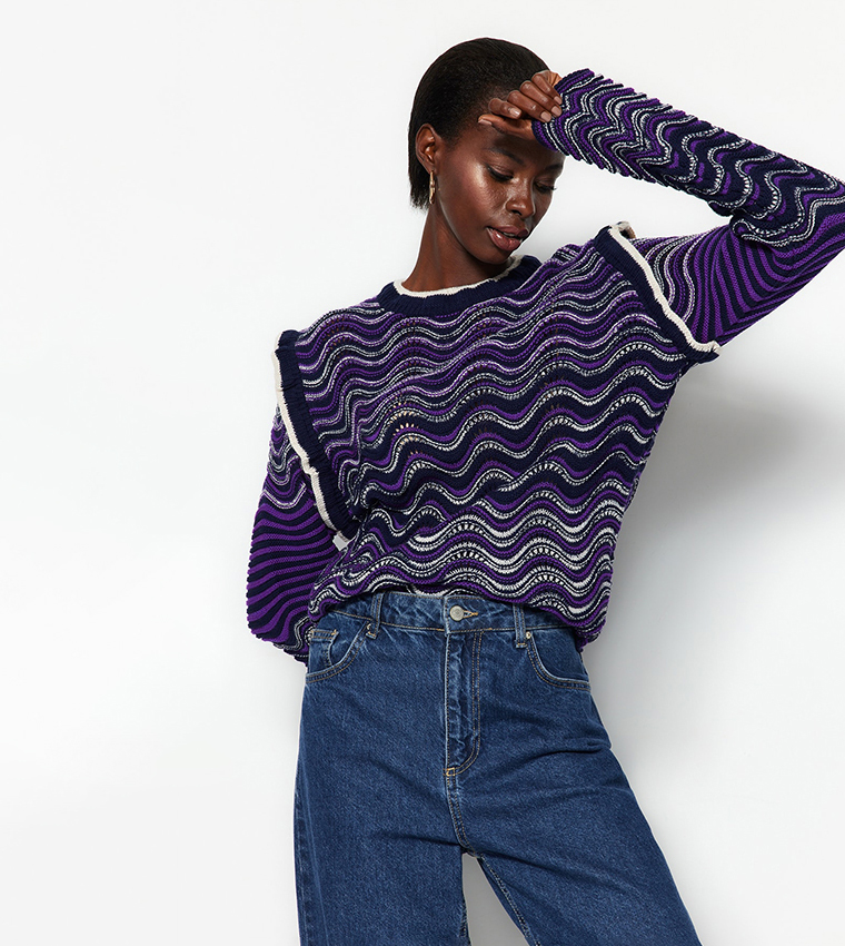 Buy Trendyol Patterned Knitted Sweater In NAVY BLUE 6thStreet Qatar - Main Image