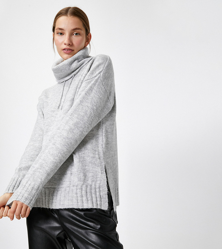 Buy Koton Solid Turtle Neck Sweater In Grey | 6thStreet Kuwait