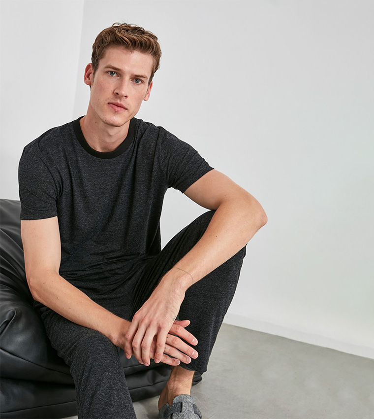 Buy Trendyol Piping Detail Night Suit In Dark Grey | 6thStreet Saudi Arabia