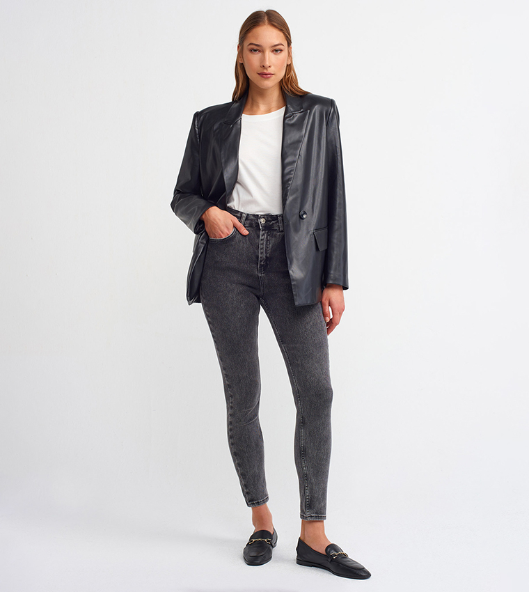 Buy Dilvin Faux Leather Lapel Collar Blazer In Black 6thStreet Qatar