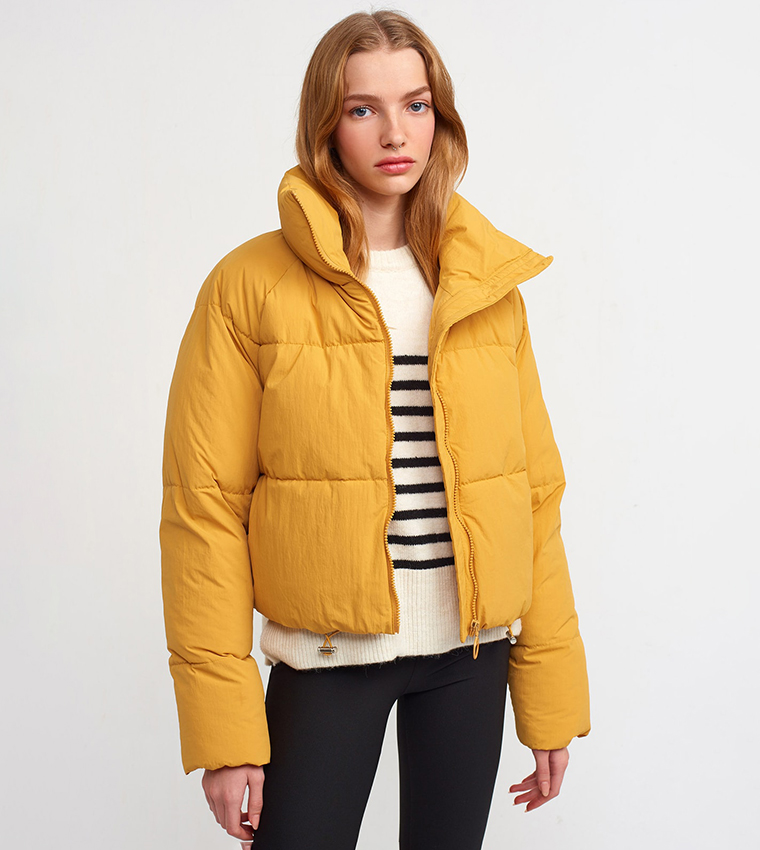 Buy Dilvin Zippered High Neck Inflatable Puffer Jacket In Mustard ...