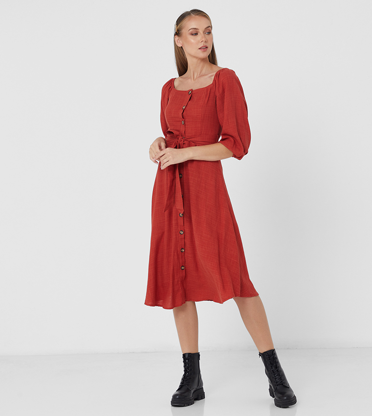 Woven Button-Down Belted Dress