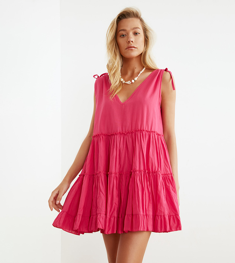 Buy Trendyol Oversized Tiered Beach Dress In Pink | 6thStreet UAE