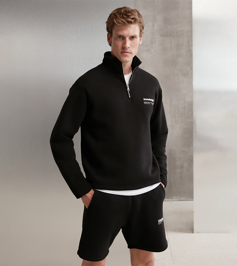 Buy GRIMELANGE Printed Half Zippered Fleece Sweatshirt In Black