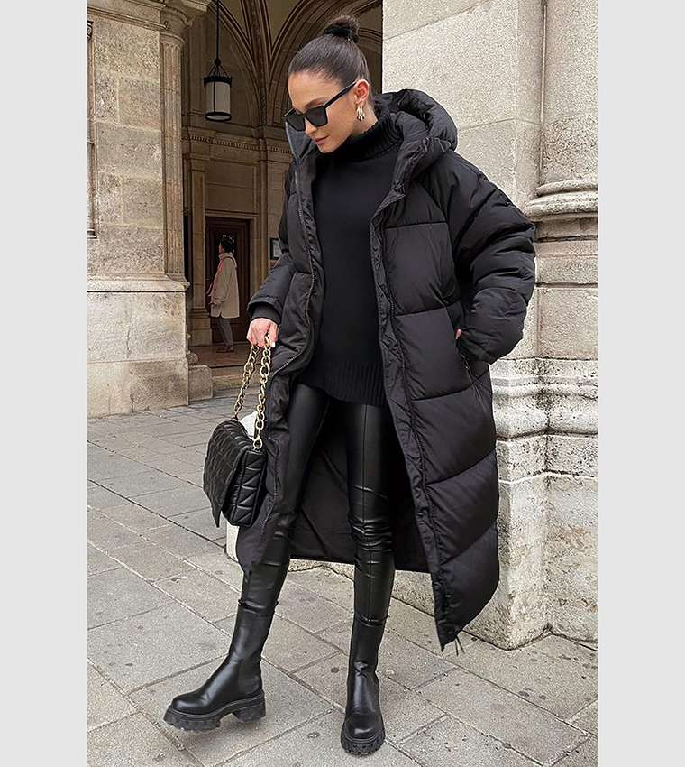 Buy Madmext Hooded Zip Through Long Puffer Jacket In Black