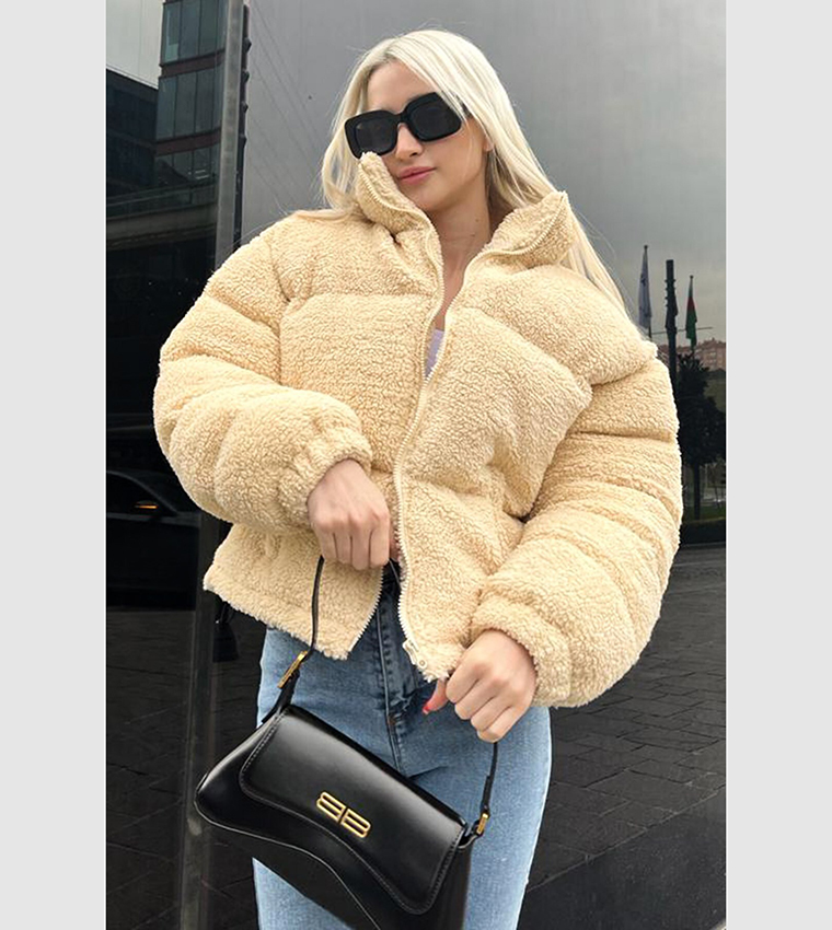 Buy Madmext Zip Through Cropped Plush Coat In Ecru 6thStreet Oman