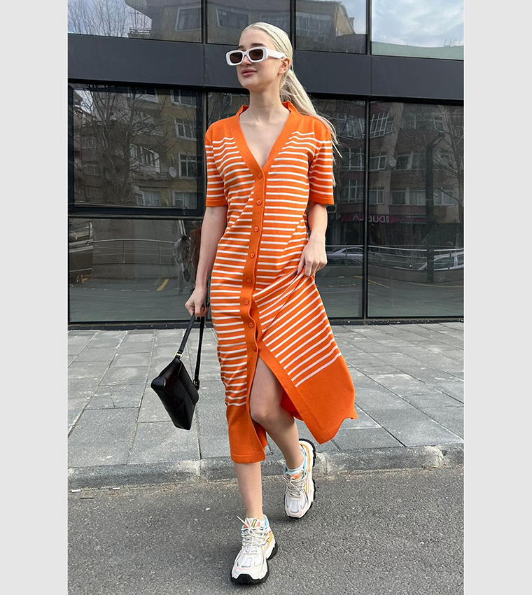 orange striped shirt dress 1960s Orange and White Vertical Stripe Shift Dress by Country Miss