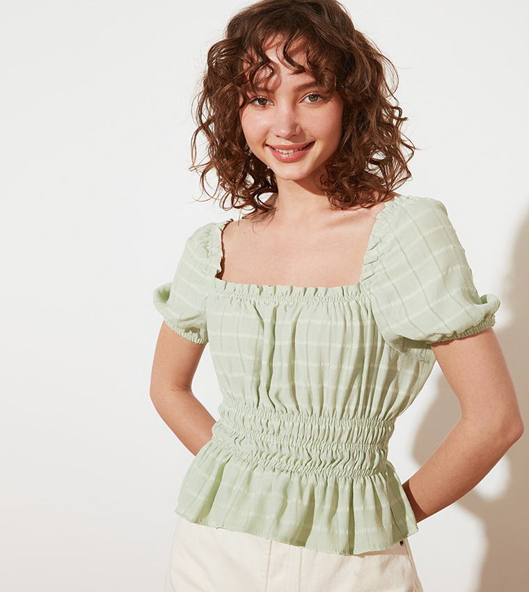 Buy Trendyol Self Design Shirring Blouse In Green | 6thStreet Qatar