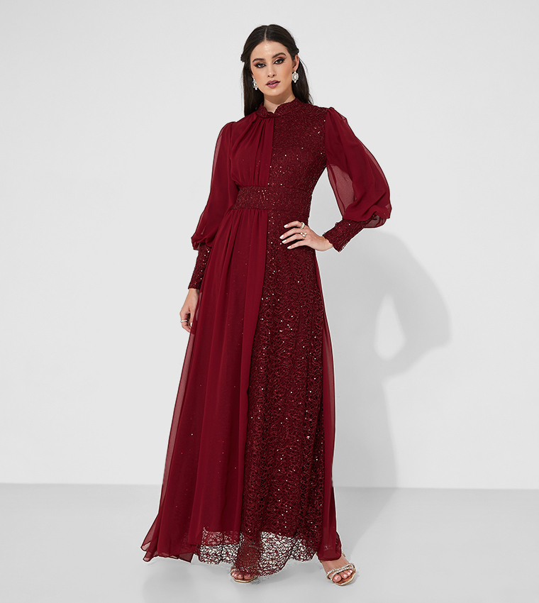 Embroidered Lace Flared Evening Maxi Dress