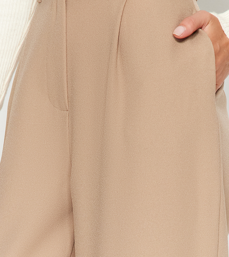 Buy Trendyol Solid Wide Leg Woven Trousers In Beige