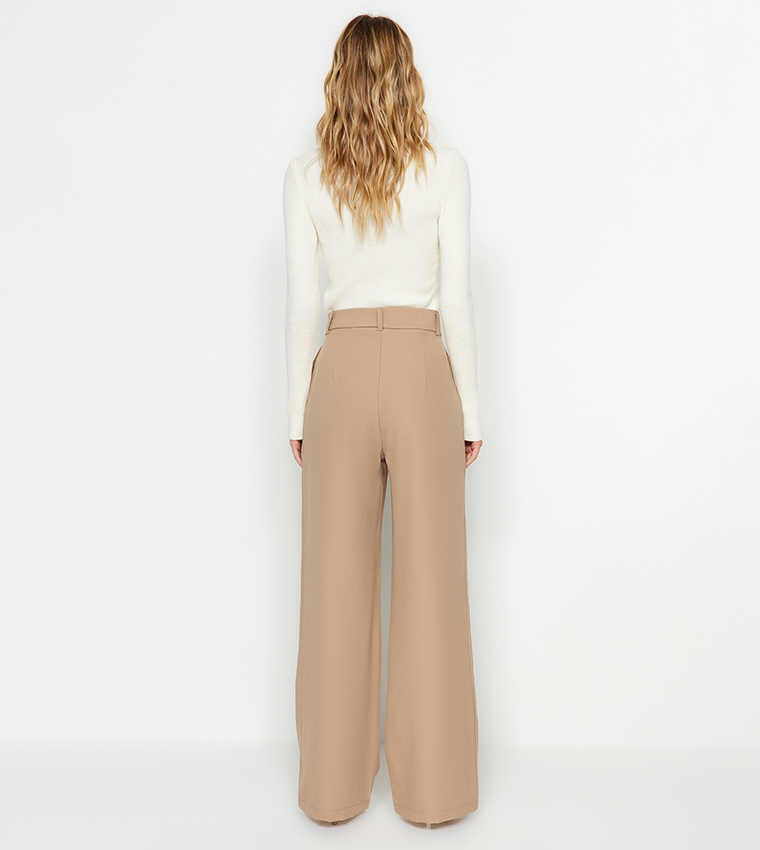 Buy Trendyol Solid Wide Leg Woven Trousers In Beige