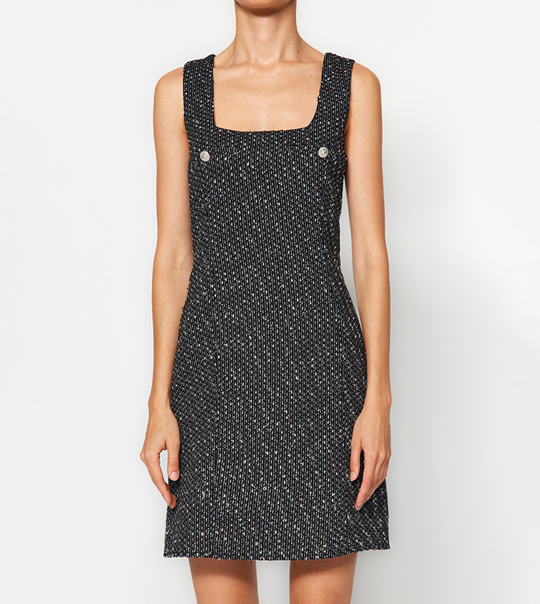 فستان قميص منسوج بياقة مربعة