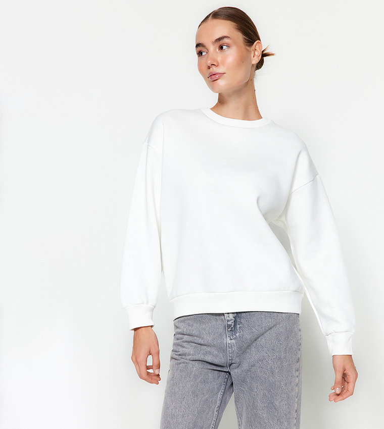 Buy Trendyol Solid Crew Neck Oversized Sweatshirt In White