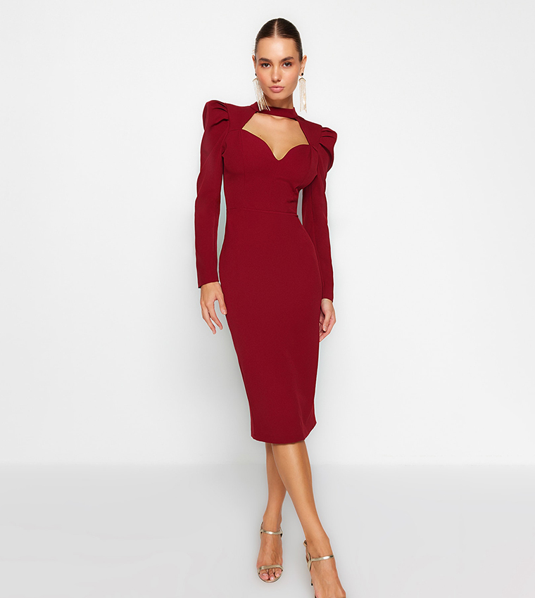 Solid Long Sleeves Midi Dress