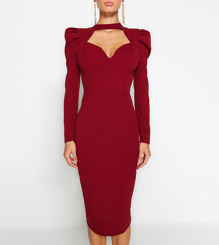 Solid Long Sleeves Midi Dress