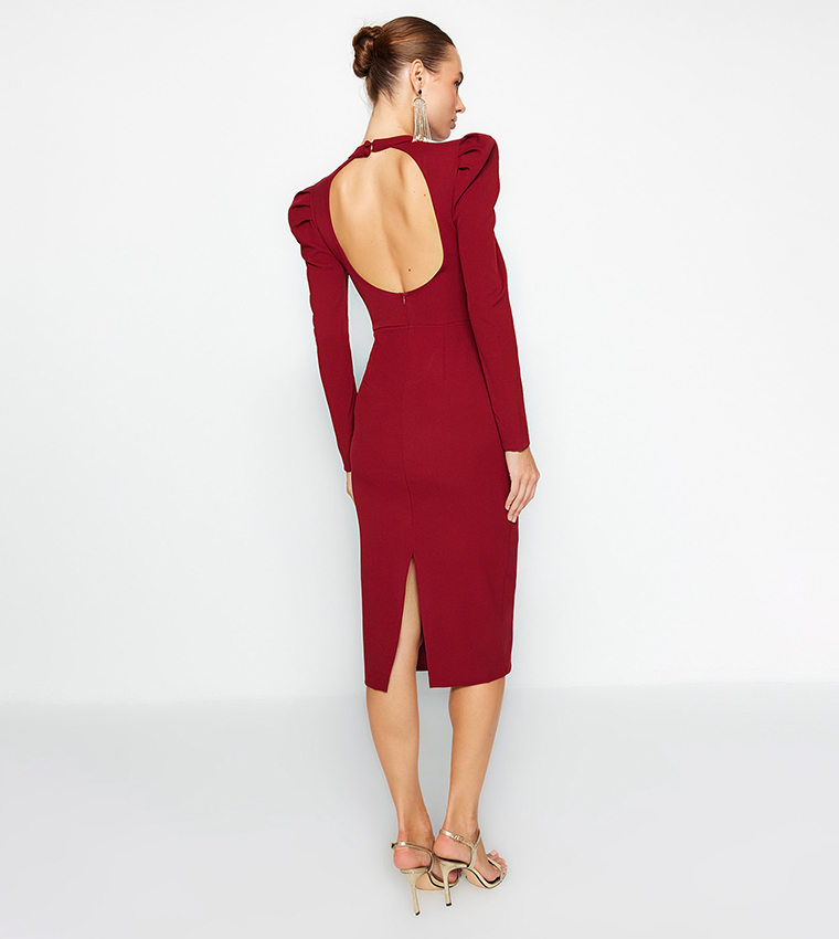 Solid Long Sleeves Midi Dress