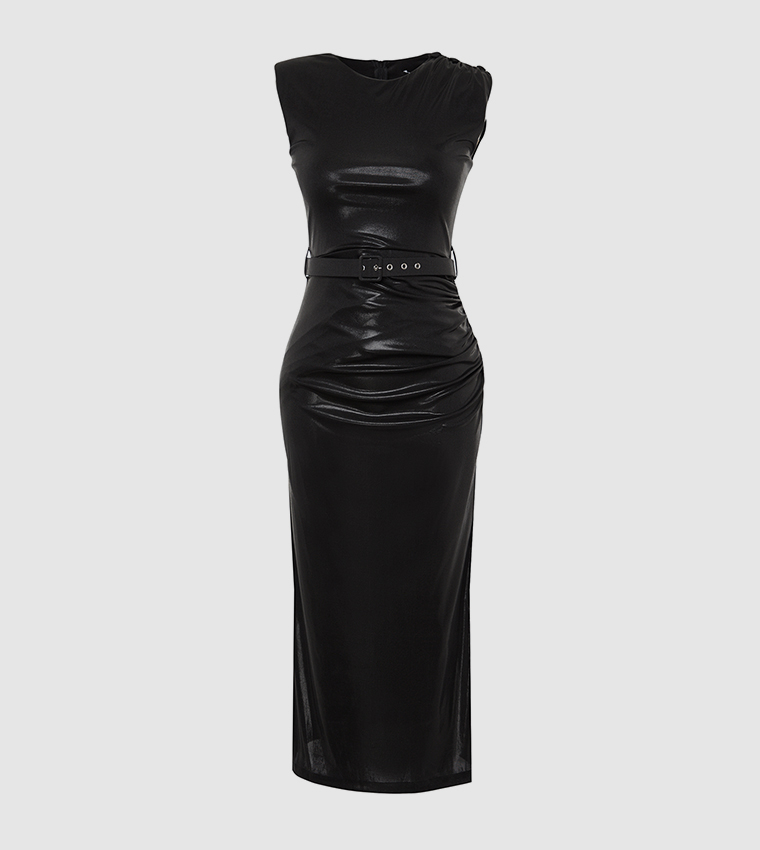 Shiny Ruched Sleeveless Midi Dress