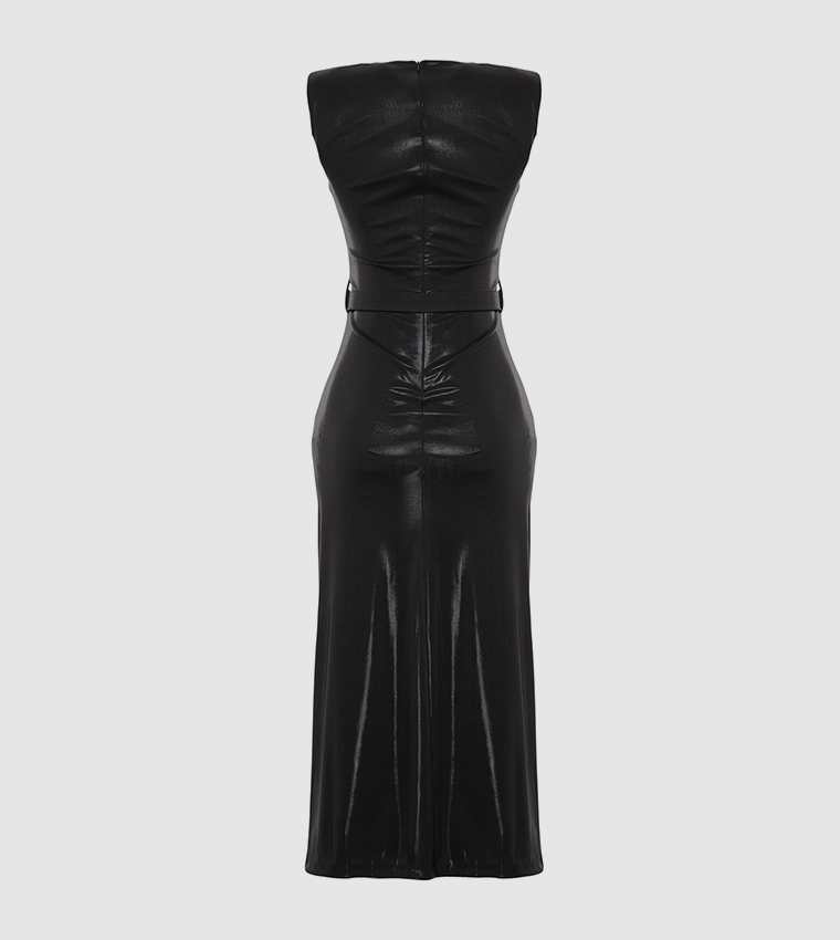 Shiny Ruched Sleeveless Midi Dress
