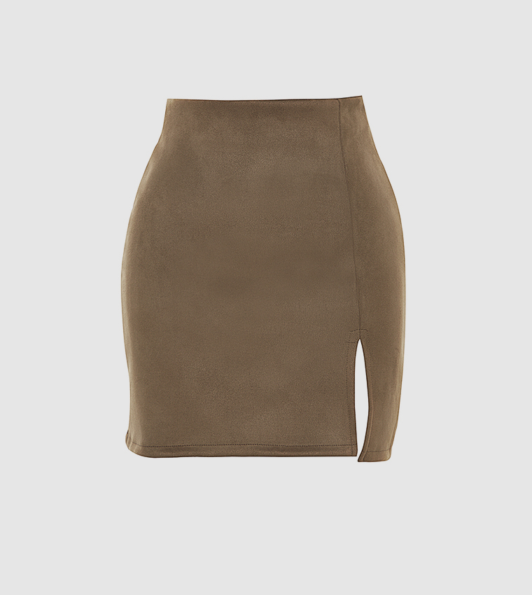 Buy Trendyol Solid Slit Mini Skirt In Khaki 6thStreet Bahrain