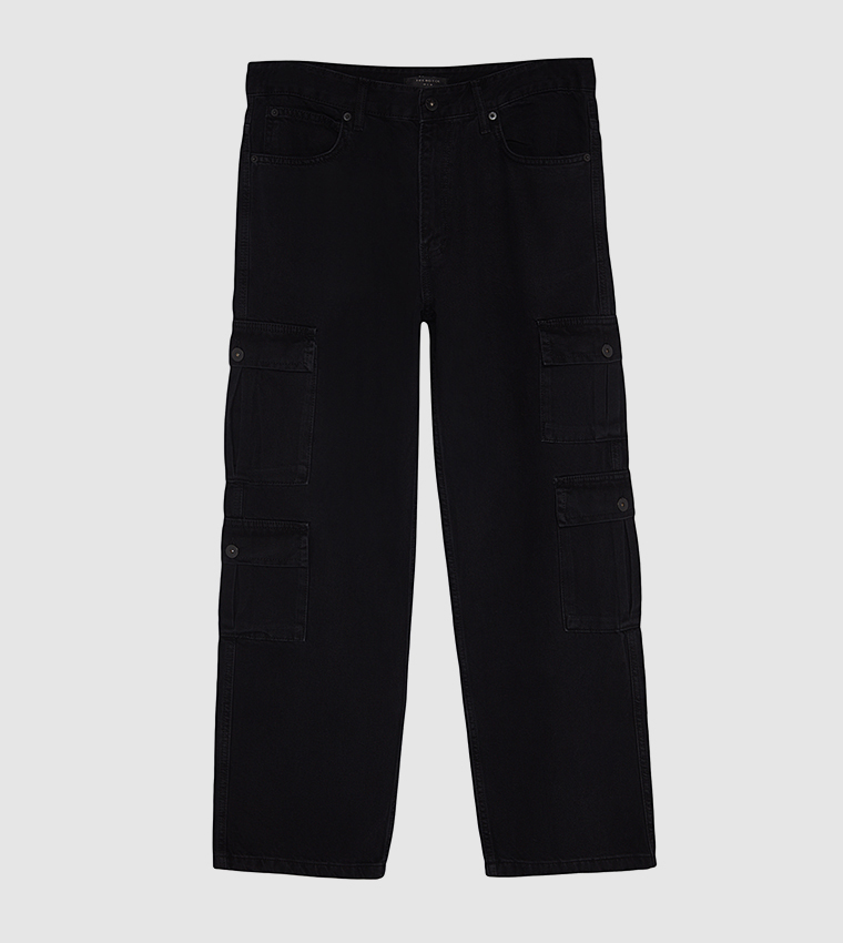 Solid Loose Fit Cargo Pockets Denim Jeans
