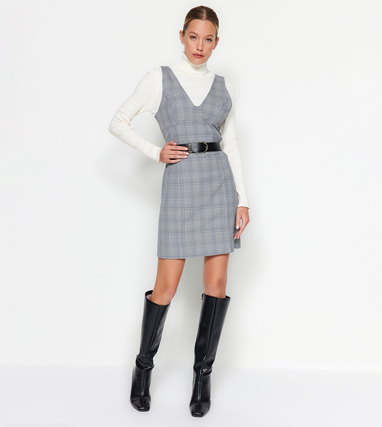 Buy Trendyol Plaid V Neck Pinafore Dress In Grey 6thStreet UAE